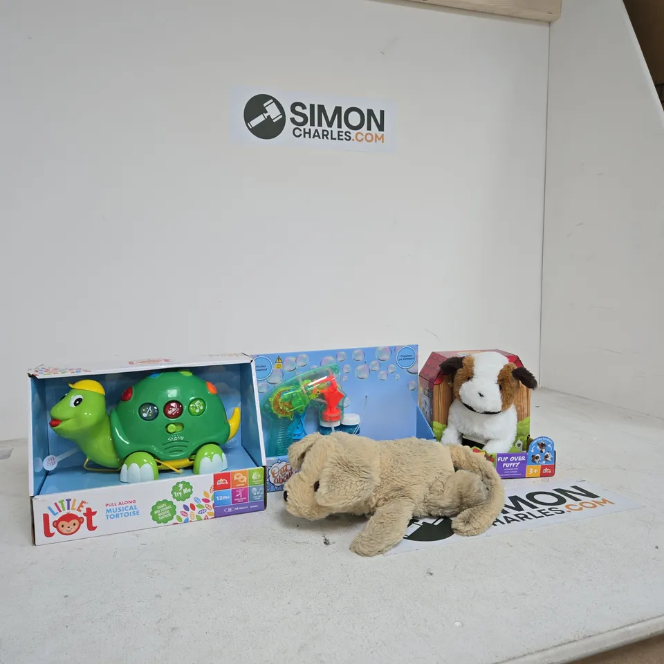 BOX OF APPROXIMATELY 10 ASSORTED TOYS INCLUDING LITTLE LOT PULL ALONG MUSICAL TORTOISE, OUT AND ABOUT LIGHT UP BUBBLE BLASTER AND PITTER PATTER PETS FLIP OVER PUPPY