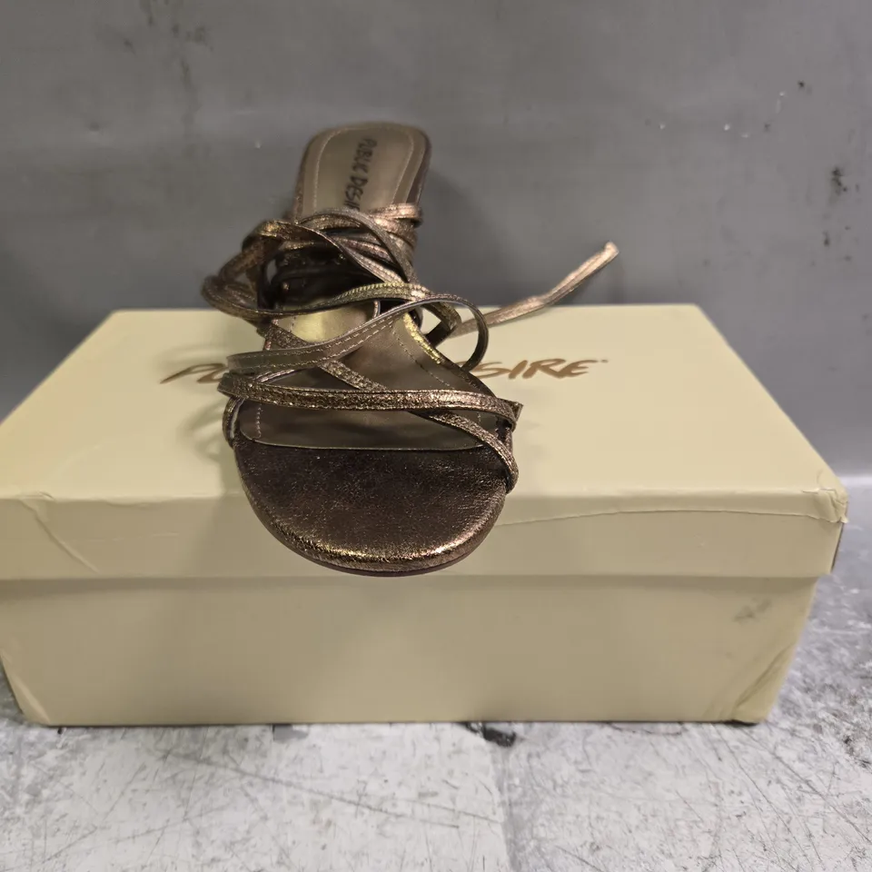BOXED PAIR OF PUBLIC DESIRE OPEN TOE STRAPPY HEELED SANDALS IN METALLIC BRONZE SIZE UK 5