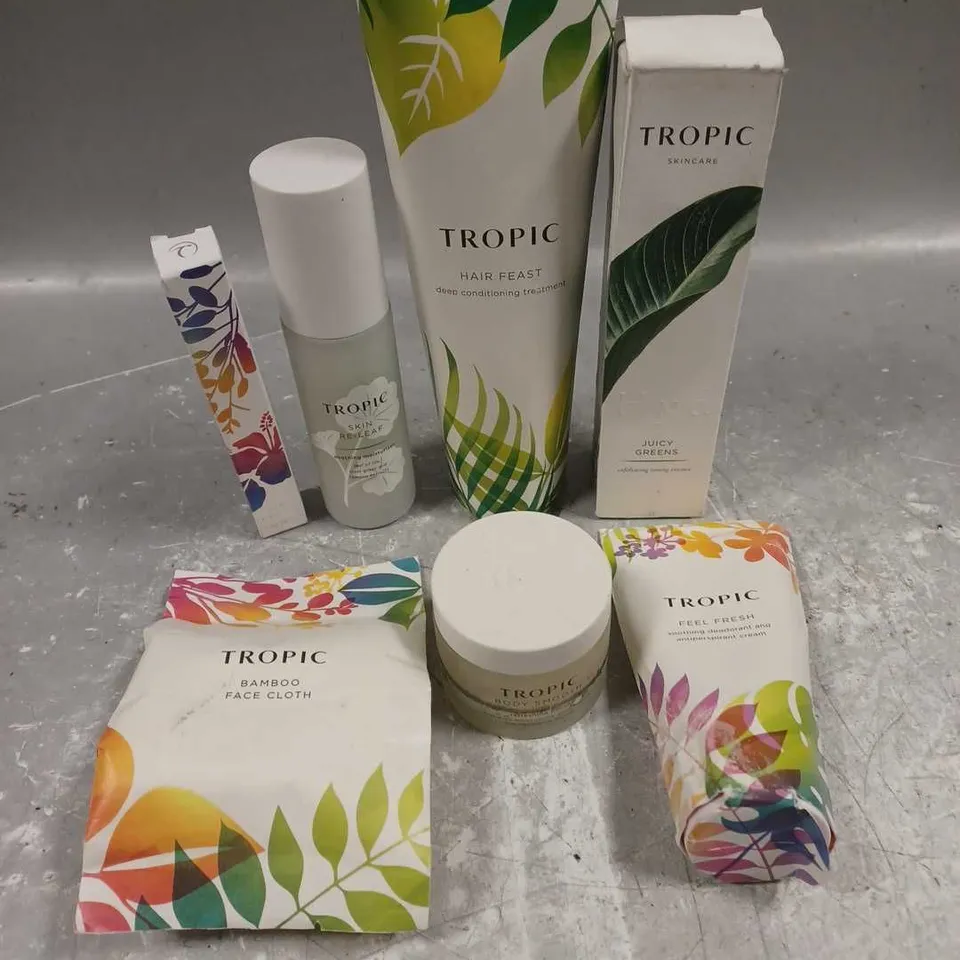 TROPIC SKINCARE LOT OF 7 ASSORTED SKINCARE PRODUCTS TO INCLUDE - BODY SMOOTH POLISH - JUICY GREENS TONING ESSENCE - SOOTHING MOISTURISER - ETC