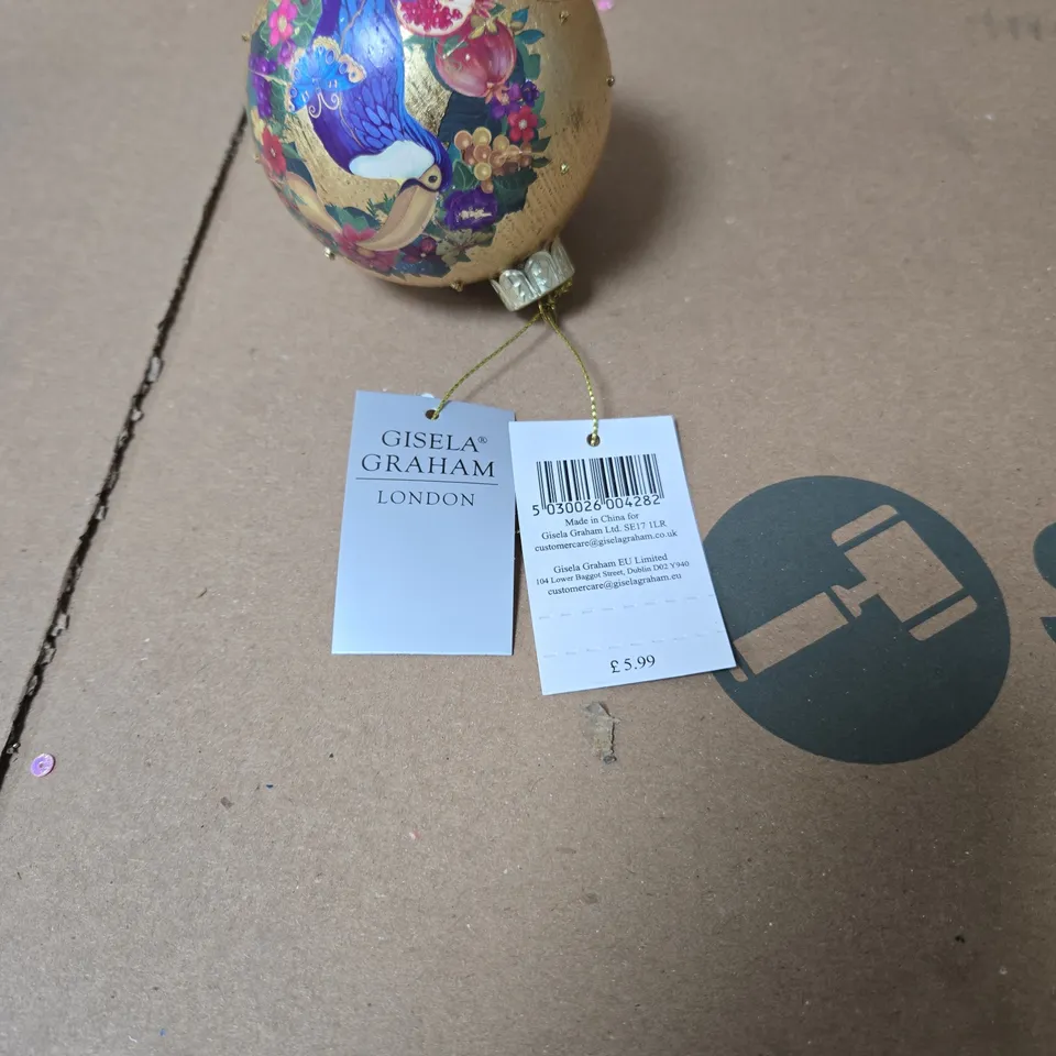 BOX OF 8 X 12 GISELA GRAHAM GOLD CHRISTMAS HANGING ORNAMENTS WITH TOUCAN DESIGN BOXED