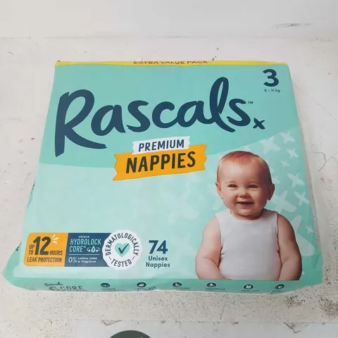 RASCAL'S PREMIUM NAPPIES – 74 UNISEX NAPPIES, SIZE 3 