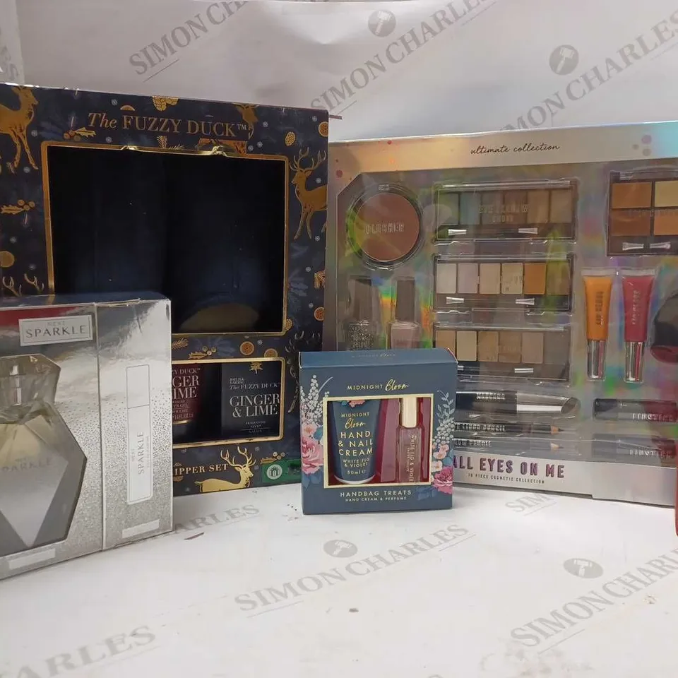 LOT OF 5 ASSORTED BEAUTY PRODUCTS TO INCLUDE THE FIZZY DUCK SLIPPER SET, RIMMEL GLOW UP SET, NEXT SPARKLE EAU DE PARFUM 100ML SET, ETC