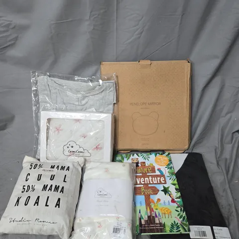 BOX OF APPROXIMATELY 10 ASSORTED HOUSEHOLD ITEMS TO INCLUDE - MIRROR - FITTED SHEET - CAMCAM DOLLS LIFT - ETC