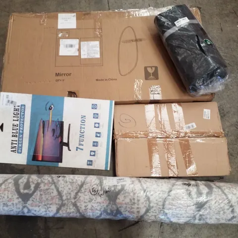 PALLET CONTAINING ASSORTED PRODUCTS INCLUDING MIRROR, ANTI BLUE LIGHT SCREEN PROTECTOR, RUG, FOOD DELIVERY BACKPACK & SERVER RACK SHELF DRAWER
