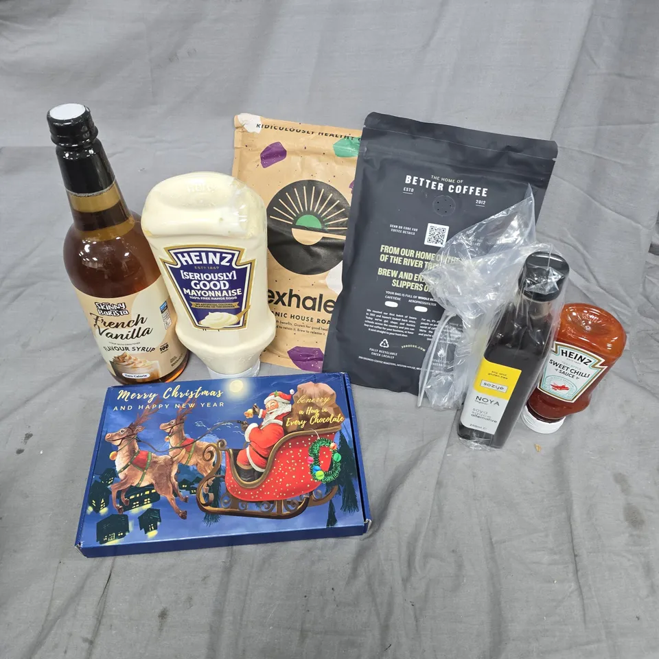 APPROXIMATELY 10 ASSORTED FOOD & DRINK ITEMS TO INCLUDE HEINZ MAYONNAISE, FRENCH VANILLA FLAVOUR SYRUP, BRAZILLIAN LOVE AFFAIR HOME COFFE BEANS, ETC - COLLECTION ONLY