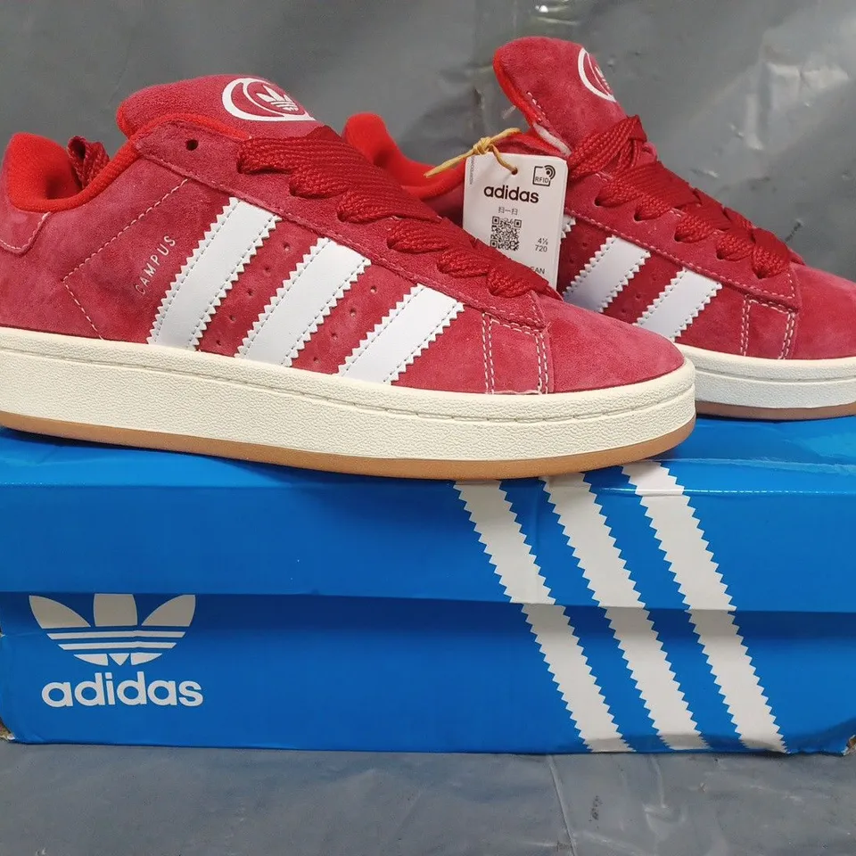BOXED PAIR OF ADIDAS CAMPUS 00S SHOES IN RED/WHITE SIZE UK 4.5