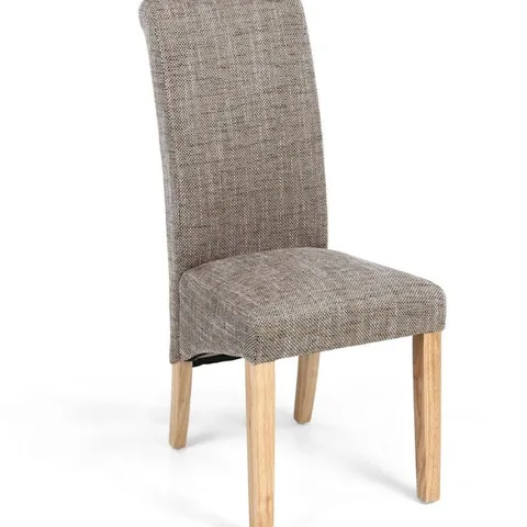 BOXED SET OF 2 OATMEAL FABRIC SCROLL BACK DINING CHAIRS WITH WOODEN LEGS