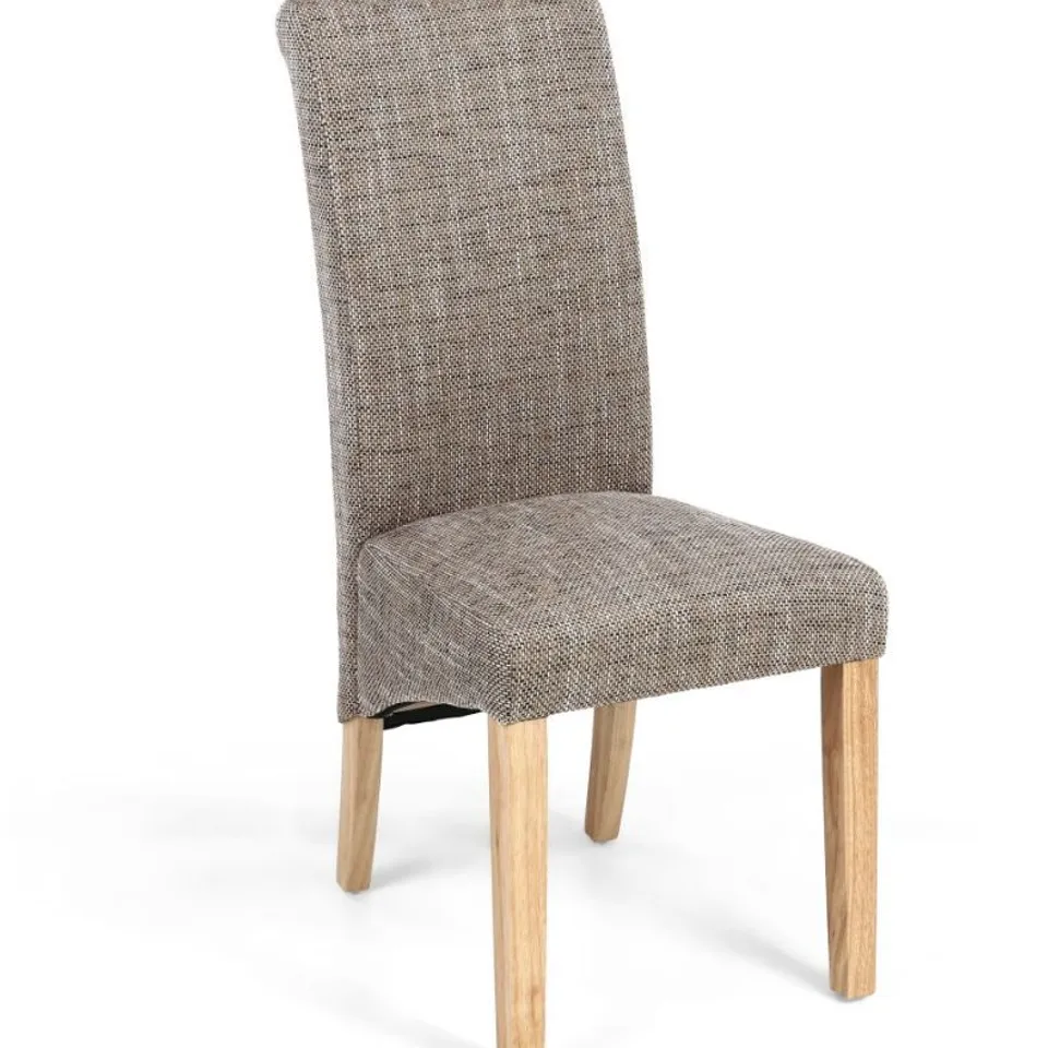 BOXED SET OF 2 OATMEAL FABRIC SCROLL BACK DINING CHAIRS WITH WOODEN LEGS