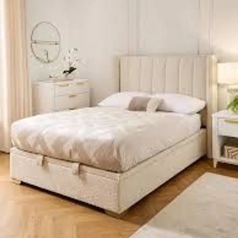 BOXED DAKOTA BOUCLE LIFT UP KING SIZED BED - NATURAL (5 BOXES)