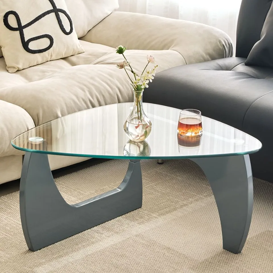 BRAND NEW BOXED RIMDOC TRIANGLE GREY HIGH GLOSS COFFEE TABLE WITH CLEAR GLASS TOP (2 BOXES)
