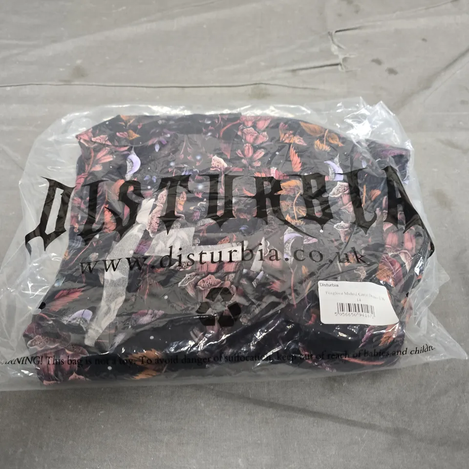 BAGGED DISTURBIA FOXGLOVE MIDAXI DRESS - SIZE 14