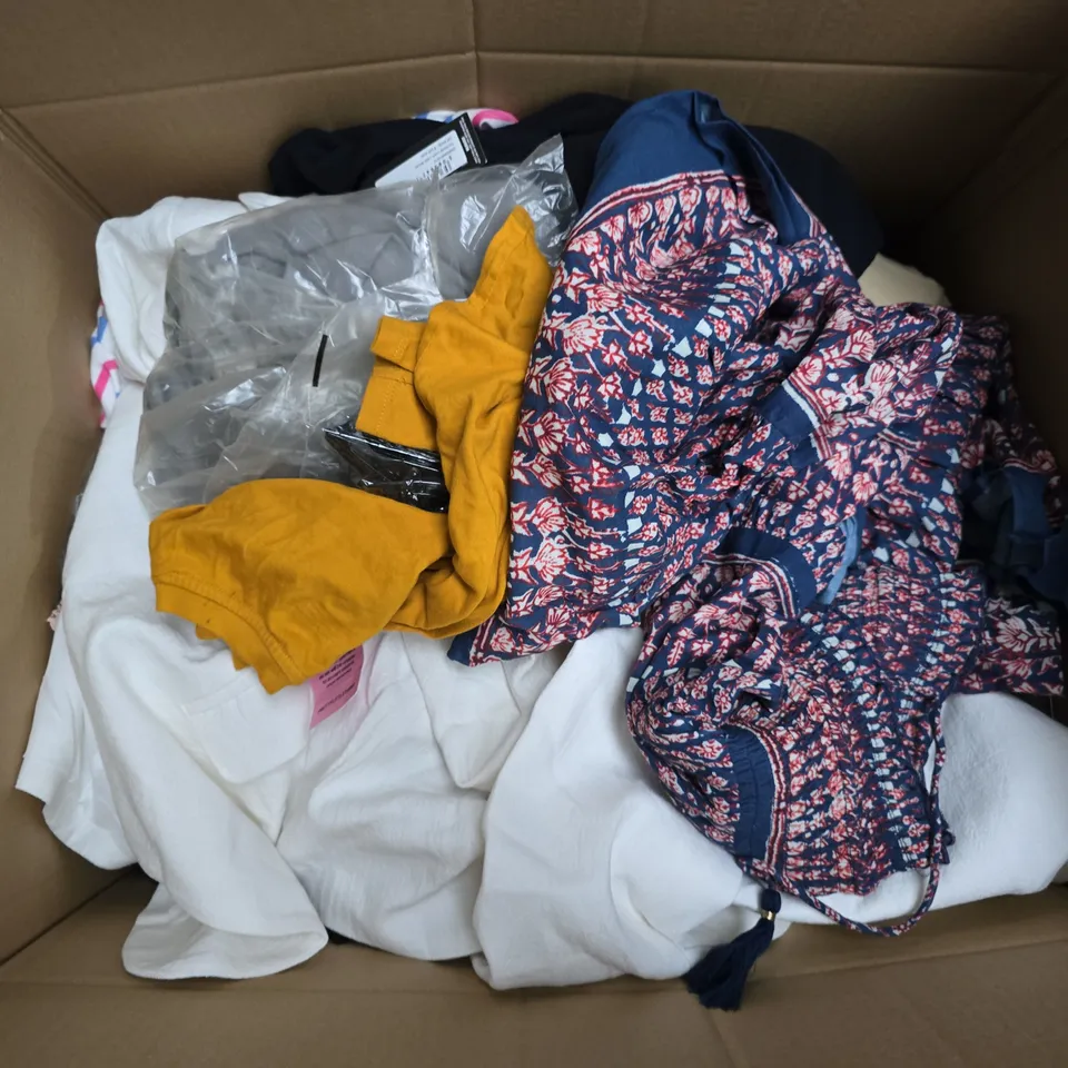 APPROXIMATELY 35 ASSORTED CLOTHING ITEMS IN VARIOUS SIZES, STYLES & COLOURS TO INCLUDE DRESSES, TROUSERS, SOCKS, ETC - COLLECTION ONLY