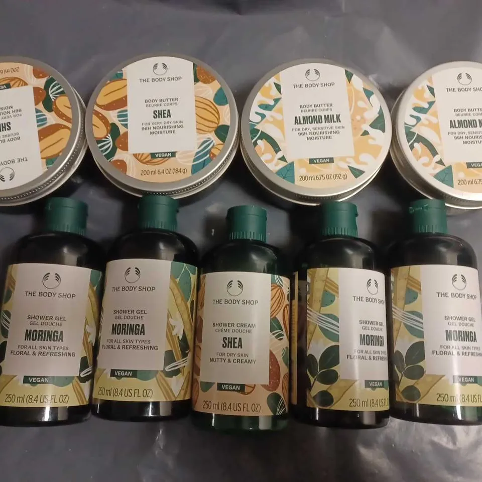 LOT OF 9 ASSORTED BODY SHOP ITEMS INCLUDES SHOWER GELS AND BODY BUTTER