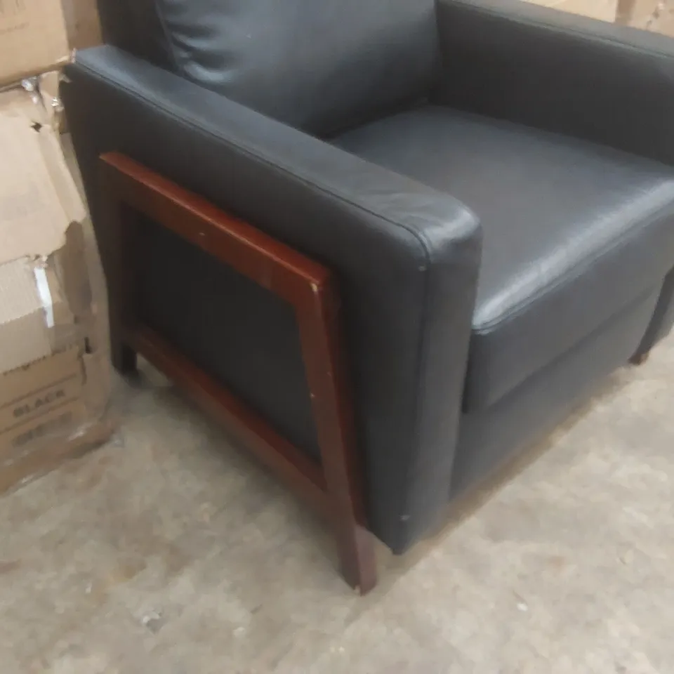 DESIGNER FAUX LEATHER UPHOLSTERED PUSH-BACK ARMCHAIR WITH WOODEN FRAME