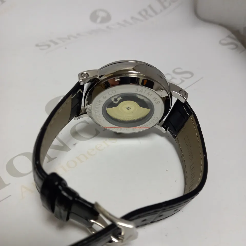 MENS ZIHLMANN & CO AUTOMATIC WATCH – Z150 – MOONPHASE DIAL – GLASS EXHIBITION BACKCASE - SILVER COLOUR CASE – BLACK LEATHER STRAP