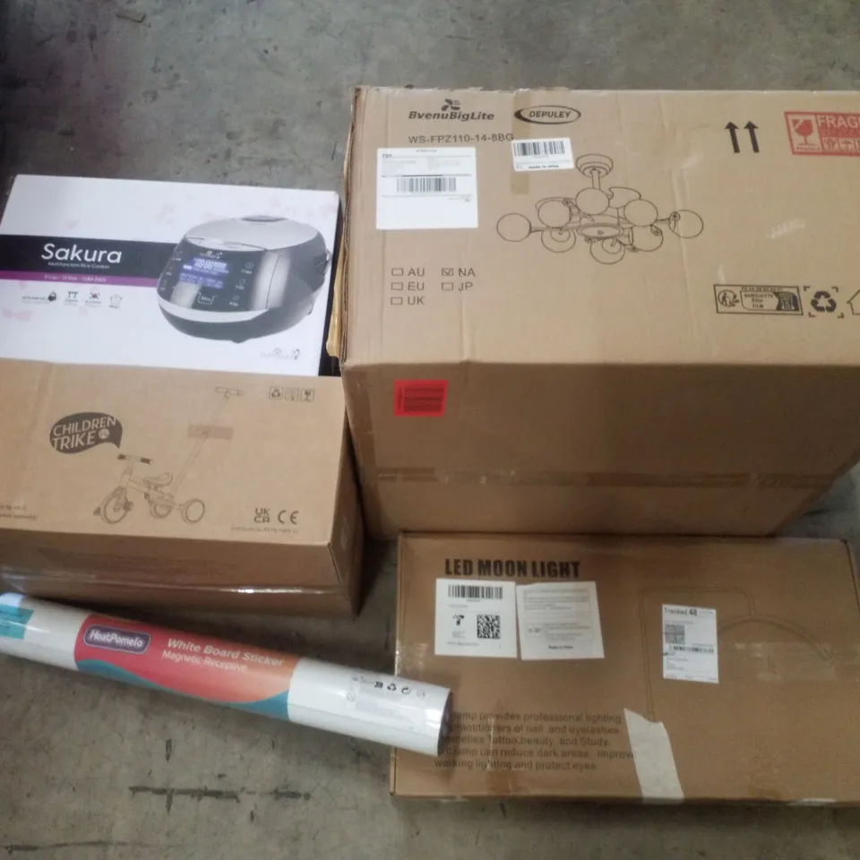 PALLET CONTAINING ASSORTED PRODUCTS INCLUDING SAKURA RICE COOKER, CHILDRENS TRIKE, WHITE BOARD STICKER, LED MOON LIGHT & CEILING FAN WITH LIGHTS