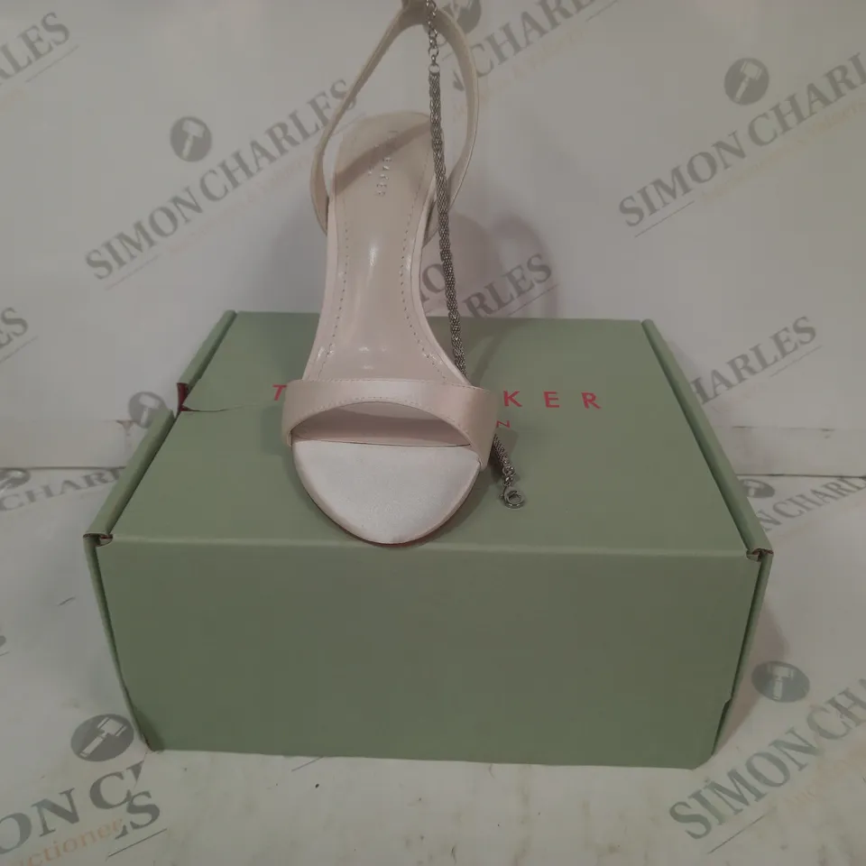 BOXED PAIR OF TED BAKER JEWELLERY STRAP SATIN HIGH HEELED SANDALS IN IVORY EU SIZE 39