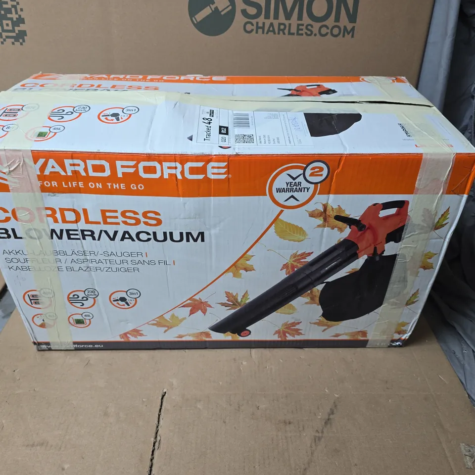 YARD FORCE CORDLESS BLOWER/VACUUM BOXED WITH BATTERIES & CHARGER