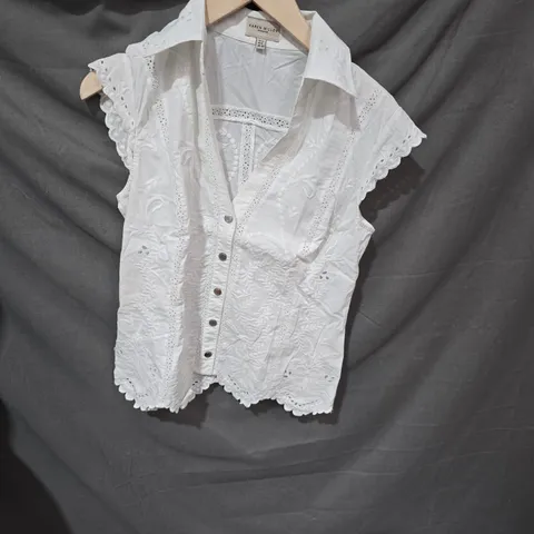 KAREN MILLEN WHITE EYELET EMBROIDERED BLOUSE, UK 12 (US 8, EU 40)-STAIN ON FRONT RIGHT SIDE 