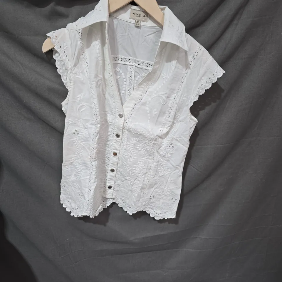 KAREN MILLEN WHITE EYELET EMBROIDERED BLOUSE, UK 12 (US 8, EU 40)-STAIN ON FRONT RIGHT SIDE 