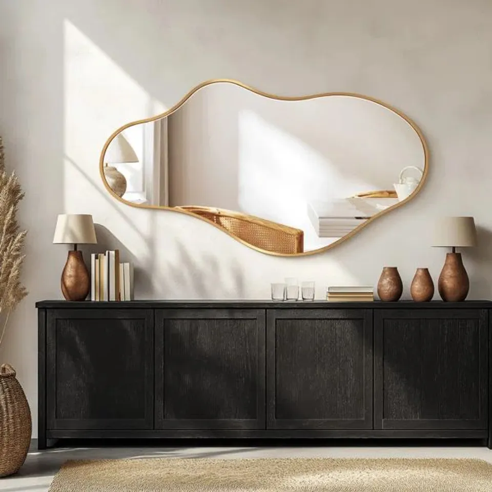 BOXED IRREGULAR METAL FRAMED WALL MIRROR, ASYMMETRICAL MIRROR FOR BATHROOM