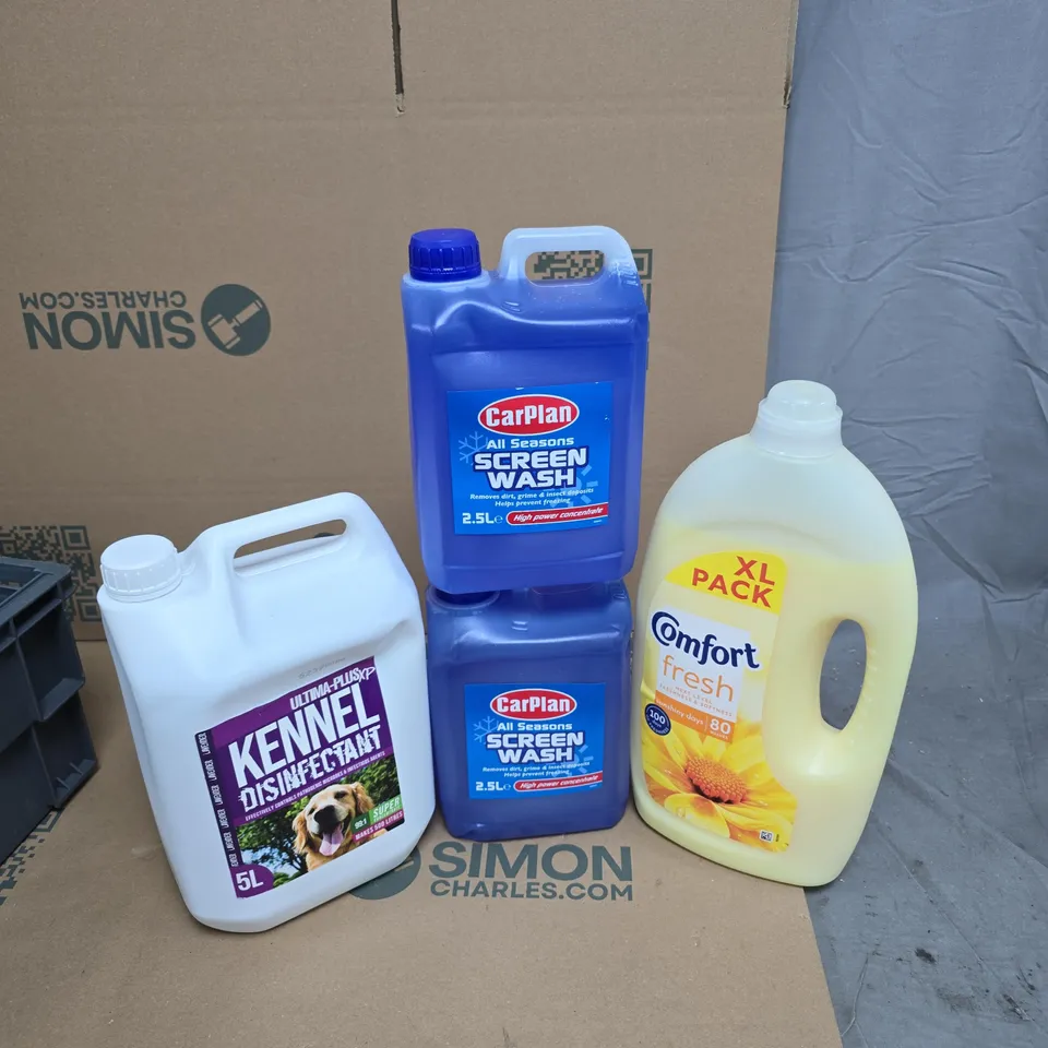 TOTE OF KENNEL DISINFECTANT, 2X SCREENWASH AND COMFORT FRESH 