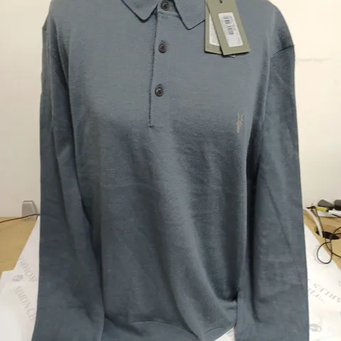 ALL SAINTS MERINO LS POLO IN BEETLE BLUE - XL