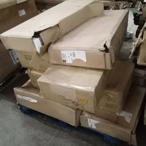 PALLET OF DESIGNER HOME FURNITURE PARTS AND PIECES; BEDSIDE CHEST, CHEST OF DRAWERS, TABLE LEG PARTS ETC