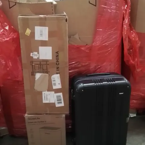 PALLET OF ASSORTED HOUSEHOLD GOODS AND PRODUCTS TO INCLUDE;SUITCASE,SMART AIR PURIFIER,CLOTHES HANGER