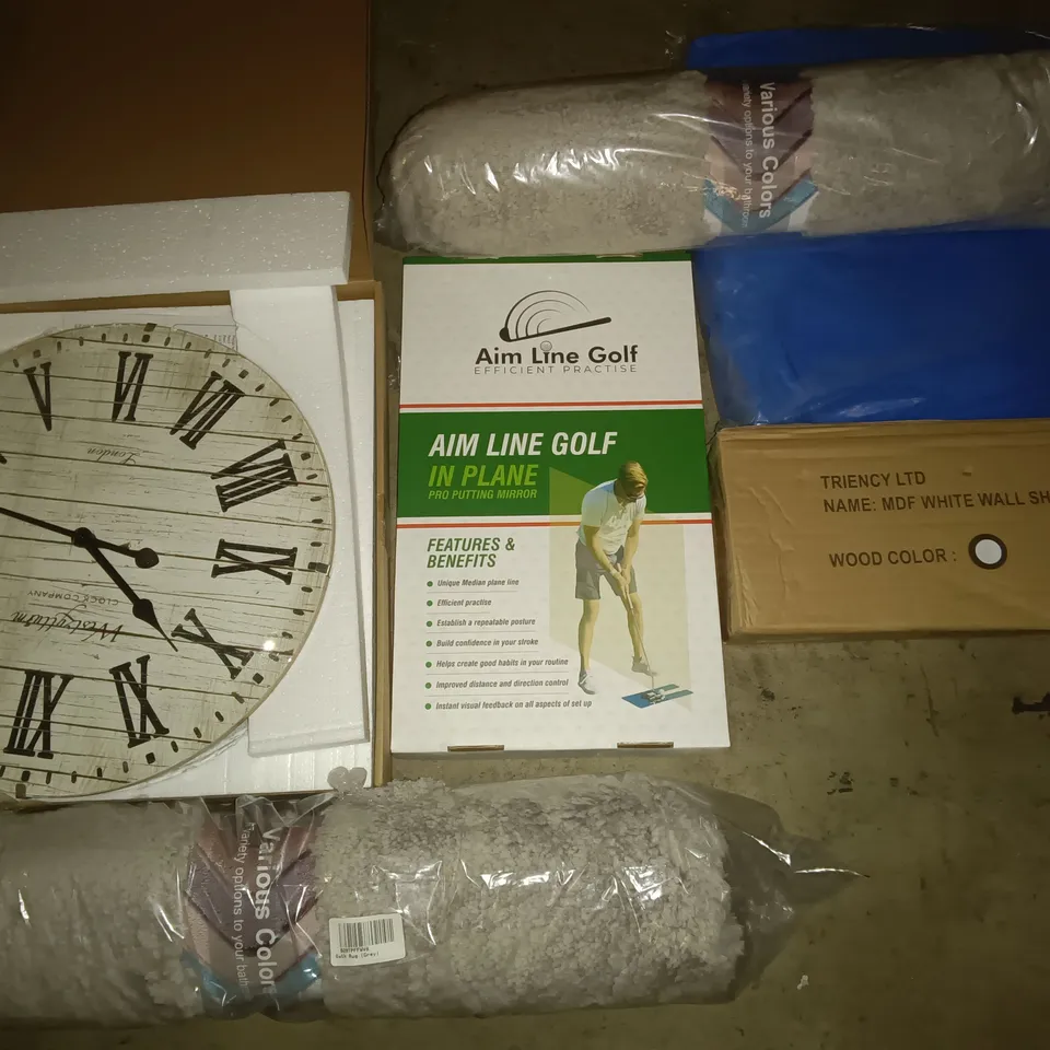 PALLET OF ASSORTED ITEMS TO INCLUDE WALL CLOCK, BAGGED RUGS AND WALL SHELF SETS