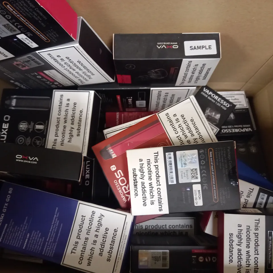 LOT OF 30 ASSORTED VAPING DEVICES & ACCESSORIES, TO INCLUDE OXVA, VAPORESSO , ETC