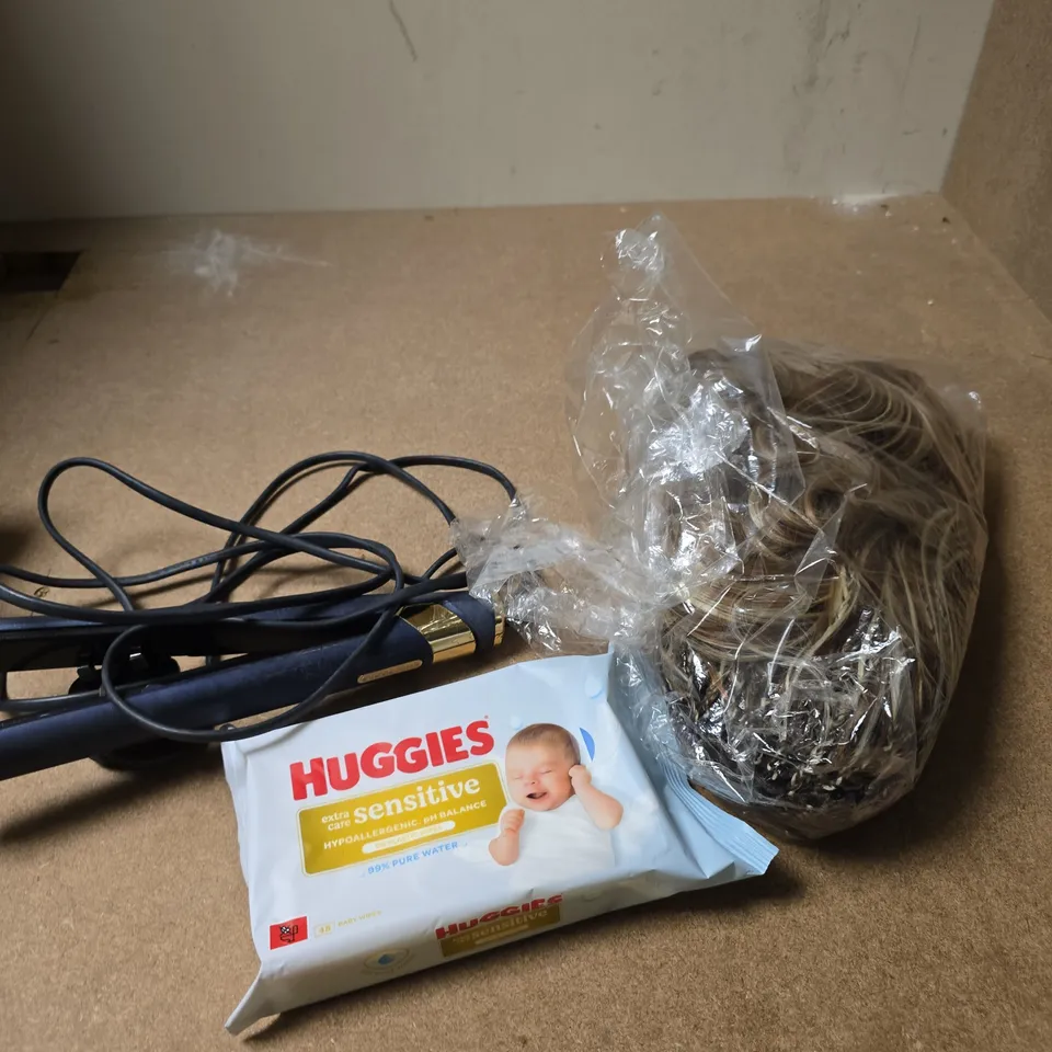 APPROXIMATELY 8 ASSORTED HEALTH & BEAUTY PRODUCTS TO INCLUDE HUGGIES WIPES, HAIR STRAIGHTENERS, WIGS ETC