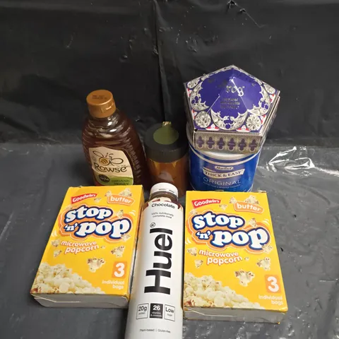 APPROXIMATELY 10 ASSORTED FOOD ITEMS TO INCLUDE - POPCORN, HUEL  AND HONEY