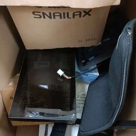 BOX CONTAINING A MIX OF APROXIMATELY 10 ASSORTED ITEMS INCLUDING COMPUTER PARTS, TV STANDS ETC.