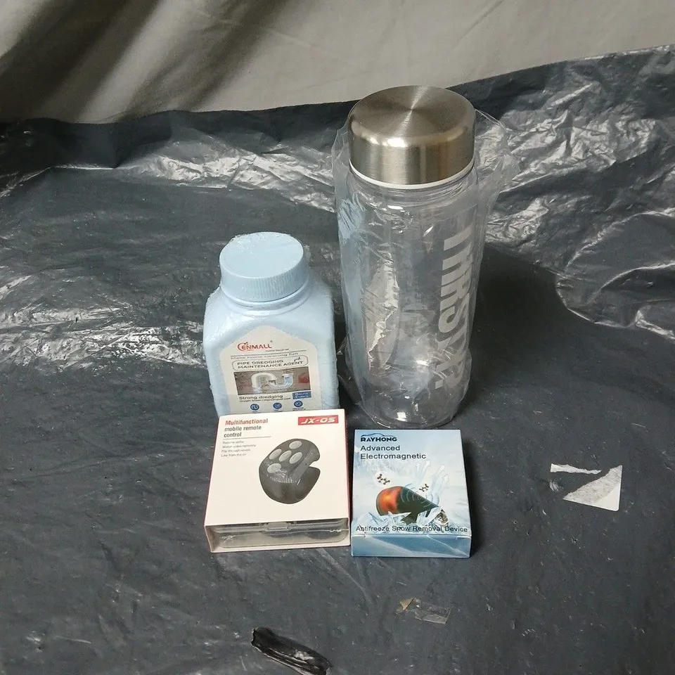 APPROXIMATELY 20 ASSORTED ITEMS TO INCLUDE PIPE DREDGING AGENT, WATER BOTTLE, ANTI FREEZE SNOW REMOVAL DEVICE, MOBILE REMOTE CONTROL ETC