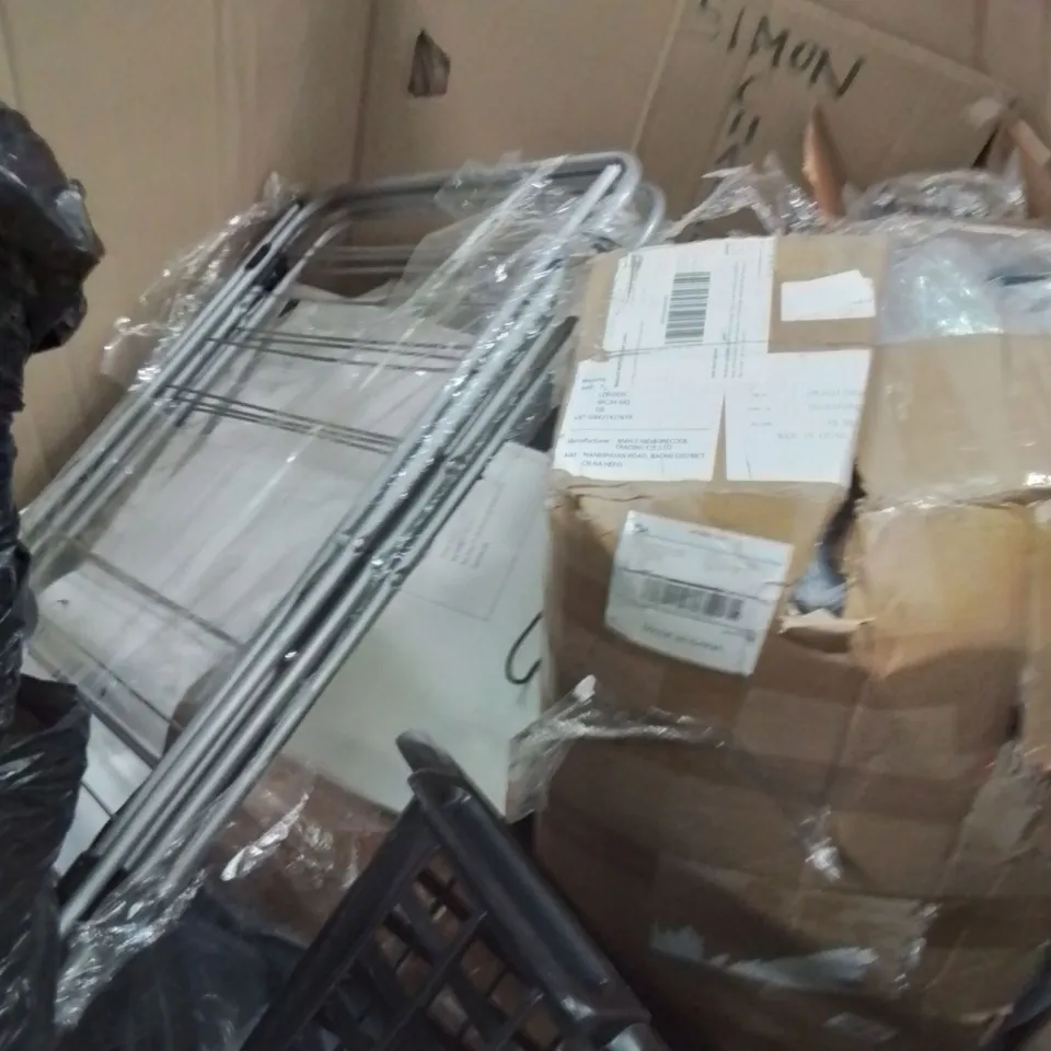 PALLET OF ASSORTED HOUSEHOLD PRODUCTS AND ITEMS TO INCLUDE;TENNIS RACKETS,CAMPING TENT,LAUNDRY BASKET