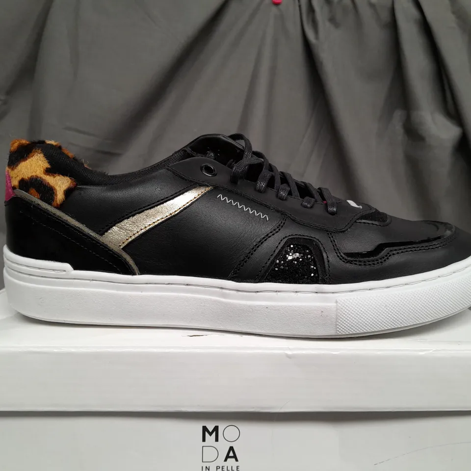 BOXED PAIR OF MODA IN PELLE BELGRAVE BLACK SEQUIN TRAINERS - SIZE 6