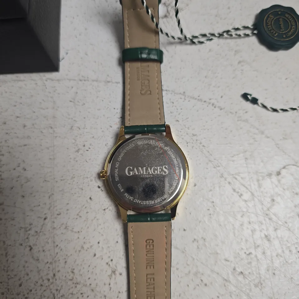 GAMAGES LONDON WRISTWATCH – GOLD-TONE CASE, GREEN GENUINE LEATHER STRAP