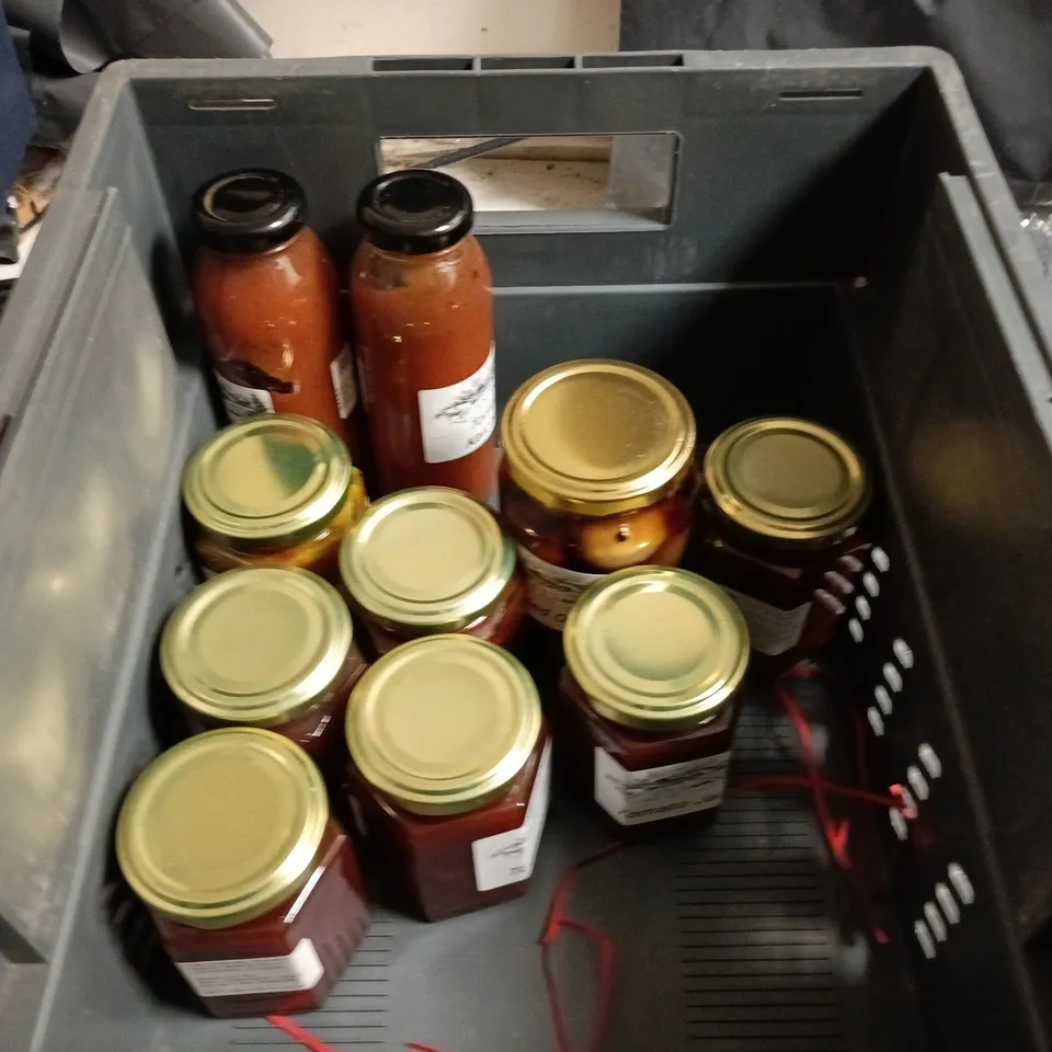 LOT OF 16 ASSORTED PRESERVED CONDIMENTS TO INCLUDE PICKELED ONIONS, TOMATOE JAM AND KETCHUP
