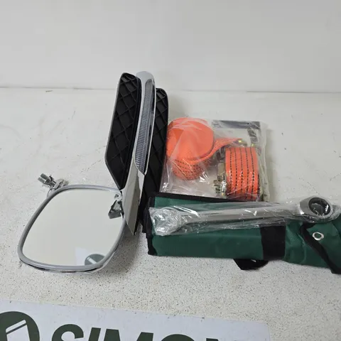 APPROXIMATELY 10 ASSORTED VEHICLE PARTS & ACCESSORIES TO INCLUDE SOCKET SPANNER SET, RATCHET STRAPS, WING MIRROR, ETC - COLLECTION ONLY