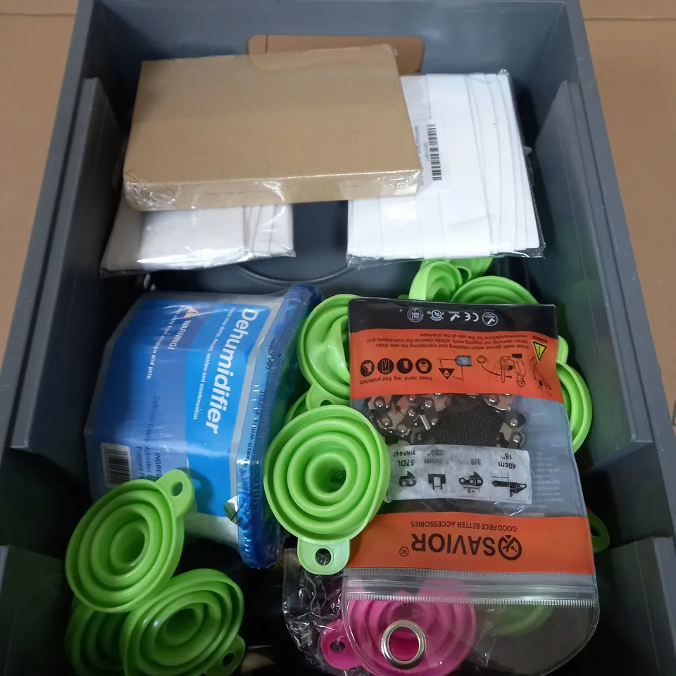 APPROXIMATELY 15 ASSORTED HOUSEHOLD PRODUCTS TO INCLUDE MOUNTING TAPE , SAW CHAIN , DEHUMIDIFIER , ETC  