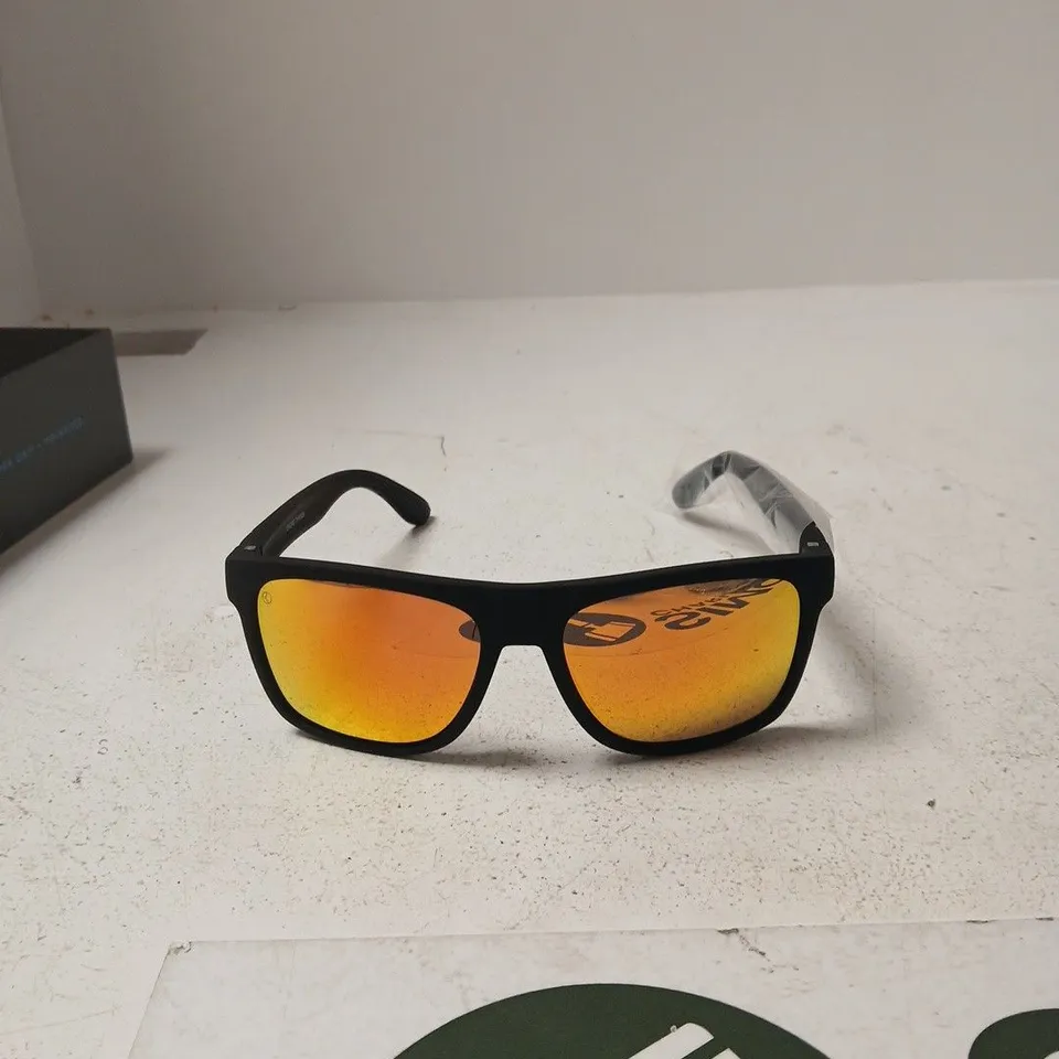 KYLOE POLARISED SUNGLASSES – BLACK FRAME, ORANGE MIRROR LENSES, BOXED