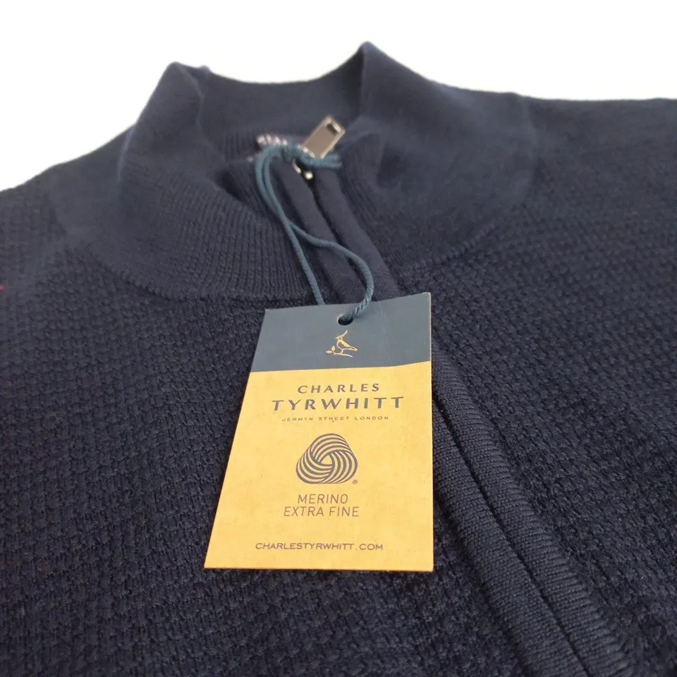 CHARLES TYRWHITT NAVY MERINO EXTRA FINE ZIP-NECK JUMPER, LARGE