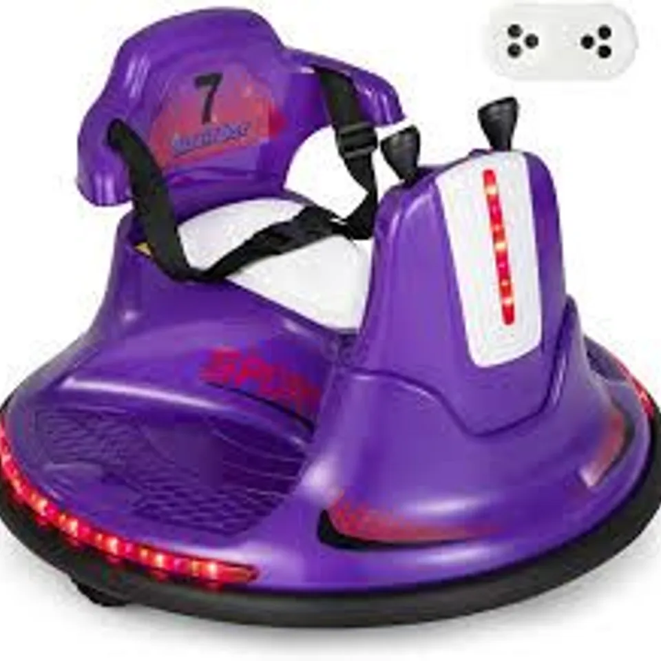 BOXED 12V KIDS RIDE ON ELECTRIC BUMPER CAR WITH DUAL JOYSTICKS AND REMOTE CONTROL - PURPLE