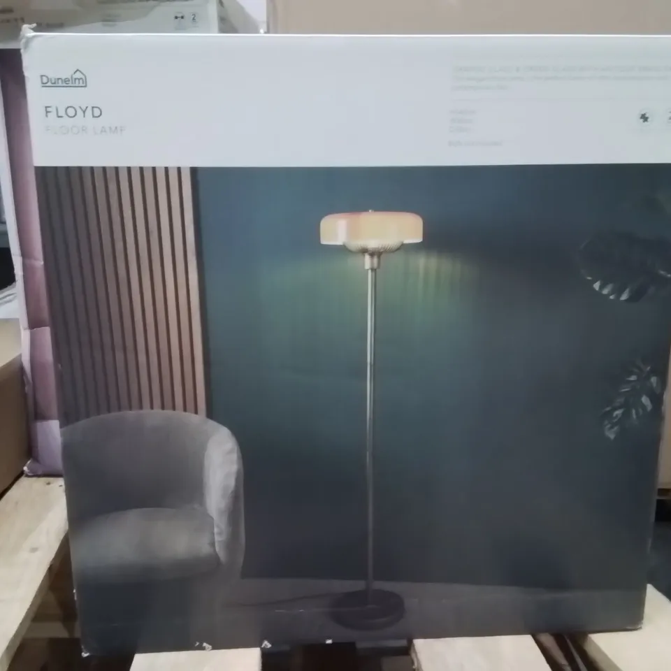 BOXED FLOYD FLOOR LAMP ORANGE GLASS AND GREEN GLASS BRASS PAINT