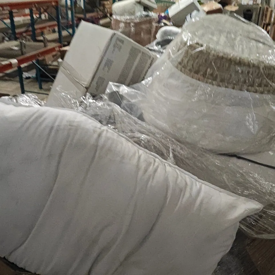 PALLET OF ASSORTED HOUSEHOLD GOODS AND PRODUCTS TO INCLUDE;DUVET BASKET,CAR SEAT,TOWELS,AREA RUG, VACUUM CLEANER