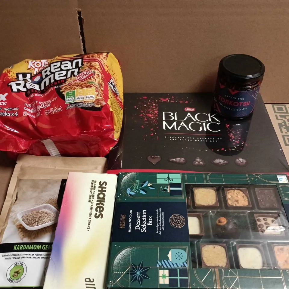 APPROXIMATELY 10 ASSORTED FOOD ITEMS TO INCLUDE - CHOCOLATES, NOODLES AND DESSERT SELECTION BOX