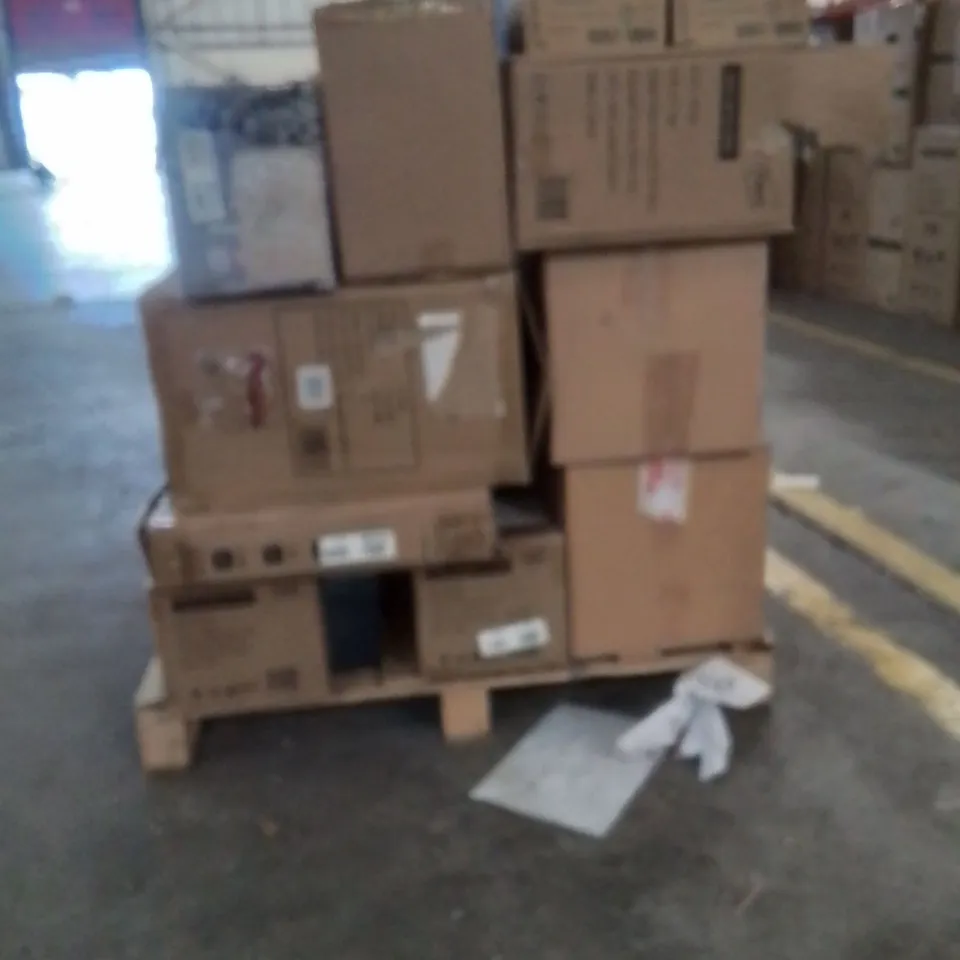 PALLET OF ASSORTED HOUSEHOLD GOODS AND PRODUCTS TO INCLUDE;AIR FRYER,DOG CAGE,SWAN TEA MACHINE,PASABAHCE GLASSES,CANVAS PRINT,RECIPROCATING SAW,SUPREME DIETARY SUPPLEMENTS,IRON
