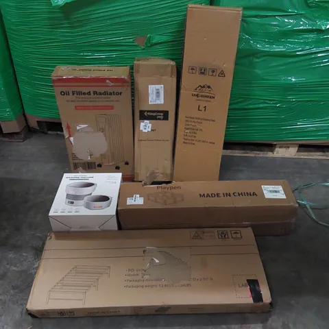 PALLET OF ASSORTED CONSUMER PRODUCTS TO INCLUDE: FOLDING CAMPING CHAIR, OIL FILLED RADIATOR, PLAYPEN, MINI FOLDING WASHING MACHINE, BED ECT