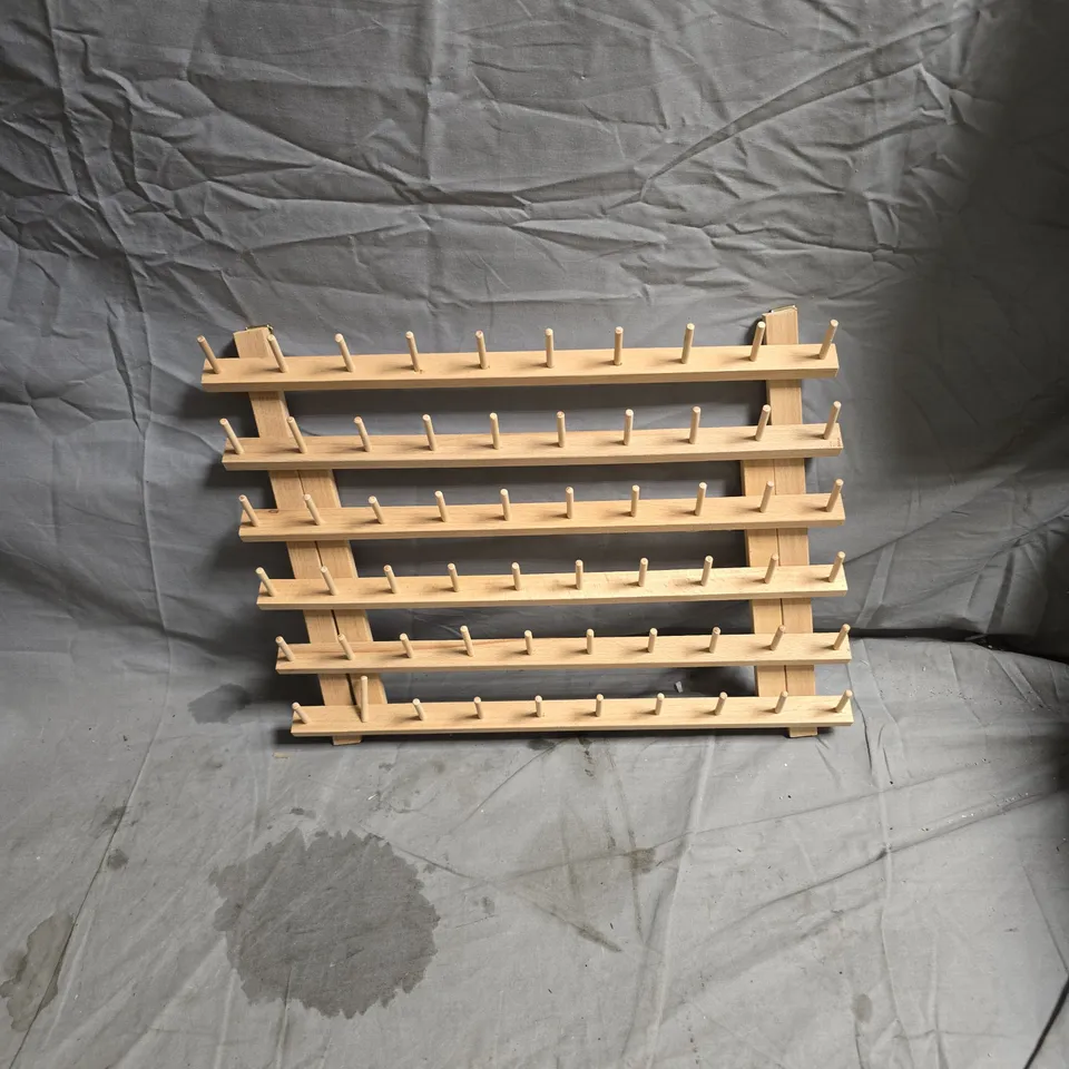 WOODEN SPOOL THREAD RACK FOR 60 SPOOLS (2 X 60) – CRAFTS STORAGE. ONE SPOOL DAMAGED